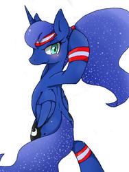 Size: 480x640 | Tagged: safe, artist:azurepicker, princess luna, alicorn, pony, g4, alternate hairstyle, female, headband, ponytail, simple background, solo, white background, workout outfit, wristband