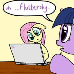 Size: 1200x1200 | Tagged: safe, artist:narbarnar, fluttershy, twilight sparkle, pegasus, pony, unicorn, g4, computer, depressed, depression, duo, duo female, female, horn, laptop computer