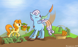 Size: 1801x1095 | Tagged: safe, artist:bluemeganium, carrot top, golden harvest, linky, shoeshine, earth pony, pony, g4, basket, carrot, dirt, duo, farming, mouth hold, wink, working