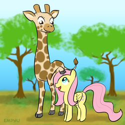 Size: 1000x1000 | Tagged: safe, artist:empyu, fluttershy, giraffe, g4, duo