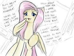 Size: 954x721 | Tagged: safe, artist:alloyrabbit, fluttershy, pegasus, pony, g4, female, giantess, implied anon, implied vore, macro, mare, sketch, solo