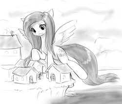 Size: 927x795 | Tagged: safe, artist:alloyrabbit, fluttershy, breezie, pegasus, pony, g4, breezie world, cute, female, gentle giant, giant pony, giantess, macro, monochrome, shyabetes, solo