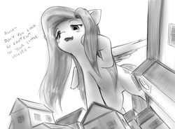 Size: 1231x906 | Tagged: safe, artist:alloyrabbit, fluttershy, pegasus, pony, g4, blushing, female, giantess, giantshy, house, macro, mare, monochrome, smug, solo