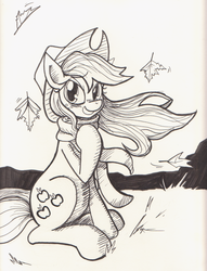 Size: 1275x1671 | Tagged: safe, artist:sketchwhatyousee, applejack, earth pony, pony, g4, autumn, clothes, female, grin, leaf, leaves, monochrome, scarf, smiling, solo, traditional art, wind