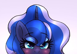 Size: 900x631 | Tagged: safe, artist:joakaha, princess luna, anthro, g4, blushing, cropped, female, questionable source, solo