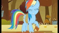 Size: 960x540 | Tagged: safe, screencap, rainbow dash, pegasus, pony, fall weather friends, g4, angry, animated, annoyed, female, glue, helpless, hoof hold, hooves, maple syrup, not mud, not scat, rope, sap, solo, squirming, sticky, struggle, struggling, stuck, syrup, tied