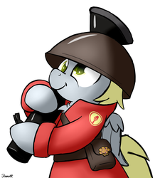 Size: 1350x1500 | Tagged: safe, artist:ramott, derpy hooves, pony, g4, bipedal, clothes, crossover, cute, derpabetes, derpy soldier, female, soldier, soldier (tf2), solo, team fortress 2, weapon