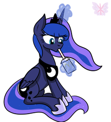 Size: 1094x1200 | Tagged: safe, artist:nothin-but-my-bones, princess luna, lunadoodle, g4, drink, female, simple background, sitting, solo