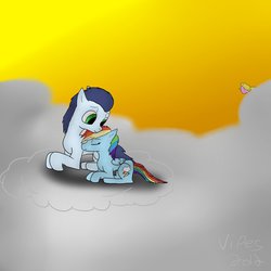 Size: 894x894 | Tagged: safe, artist:sqquish, fluttershy, rainbow dash, soarin', g4, cuddling, female, male, ship:soarindash, shipping, snuggling, straight