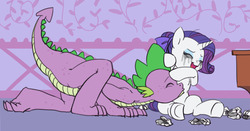 Size: 1221x640 | Tagged: safe, artist:carnifex, rarity, spike, dragon, pony, unicorn, g4, female, male, older, older spike, raspberry, running makeup, ship:sparity, shipping, story included, straight, tickling, tissue, tummy buzz