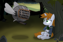 Size: 1200x800 | Tagged: safe, artist:ponyecho, oc, oc only, oc:littlepip, oc:watcher, pony, unicorn, fallout equestria, clothes, dead tree, fanfic, fanfic art, female, jumpsuit, mare, pipboy, pipbuck, scene interpretation, show accurate, spritebot, tree, vault suit, wasteland