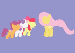 Size: 3508x2480 | Tagged: dead source, safe, artist:poisonedpirate, apple bloom, fluttershy, scootaloo, sweetie belle, earth pony, pegasus, pony, unicorn, g4, blank flank, bow, cutie mark, cutie mark crusaders, female, filly, foal, hair bow, high res, hooves, horn, lineless, mare, open mouth, simple background, spread wings, wings