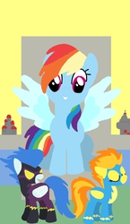 Size: 825x1425 | Tagged: safe, artist:poisonedpirate, rainbow dash, spitfire, pegasus, pony, g4, clothes, costume, eyes closed, female, grin, hooves, lineless, mare, open mouth, shadowbolts, shadowbolts costume, smiling, spread wings, tarot card, uniform, wings, wonderbolts, wonderbolts uniform