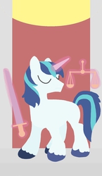 Size: 825x1425 | Tagged: safe, artist:poisonedpirate, shining armor, pony, unicorn, g4, colored hooves, eyes closed, glowing horn, hooves, horn, levitation, lineless, magic, male, missing cutie mark, solo, stallion, sword, tarot card, telekinesis, weapon