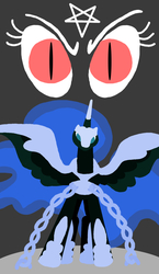 Size: 825x1425 | Tagged: safe, artist:poisonedpirate, nightmare moon, alicorn, pony, g4, armor, chains, female, hooves, horn, lineless, looking at you, mare, minimalist, solo, spread wings, tarot card, wings