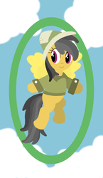 Size: 825x1425 | Tagged: safe, artist:poisonedpirate, daring do, pegasus, pony, g4, cloud, female, flying, hat, hooves, lineless, mare, missing cutie mark, pith helmet, smiling, solo, spread wings, tarot card, wings