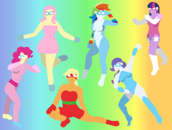 Size: 1024x768 | Tagged: safe, artist:poisonedpirate, applejack, fluttershy, pinkie pie, rainbow dash, rarity, twilight sparkle, human, g4, female, gradient background, humanized, lineless, mane six, rainbow background, superhero