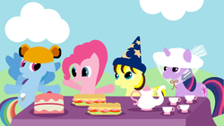 Size: 1024x576 | Tagged: dead source, safe, artist:poisonedpirate, pinkie pie, rainbow dash, twilight sparkle, oc, earth pony, pegasus, pony, unicorn, g4, cake, cloud, cutie mark, female, food, hat, hooves, horn, lineless, mare, open mouth, sandwich, spread wings, teapot, wings