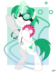 Size: 717x929 | Tagged: dead source, safe, artist:immortaltanuki, pony, unicorn, deviantart watermark, doctor, dr. insano, glowing horn, goggles, horn, lightly watermarked, obtrusive watermark, pet, ponified, scientist, smiling, solo, standing, the spoony experiment, watermark