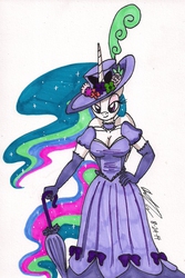 Size: 1113x1669 | Tagged: safe, artist:newyorkx3, princess celestia, anthro, g4, breasts, busty princess celestia, cleavage, clothes, collar, dress, evening gloves, female, hat, looking at you, simple background, solo, traditional art, umbrella, victorian, white background