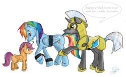 Size: 3300x2022 | Tagged: safe, artist:lyx-d, rainbow dash, scootaloo, pegasus, pony, unicorn, g4, arrested, bound wings, chains, chest fluff, confused, cuffs, female, filly, floppy ears, fluffy, foal, frown, high res, horn, male, mare, prisoner, prisoner rd, question mark, royal guard, sad, shackles, simple background, speech bubble, stallion, transparent background, unshorn fetlocks, wings