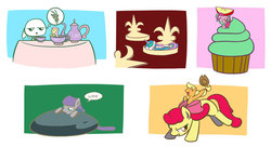Size: 800x436 | Tagged: safe, artist:flutterluv, angel bunny, apple bloom, applejack, boulder (g4), discord, fluttershy, maud pie, pinkie pie, princess celestia, g4, applejack riding apple bloom, appletini, cupcake, cute, cutelestia, micro, pictogram, ponies riding ponies, riding, sleeping, tea