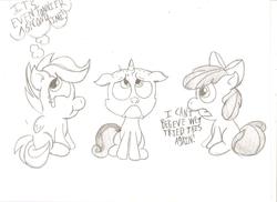 Size: 2338x1700 | Tagged: safe, artist:lordcurly972, apple bloom, scootaloo, sweetie belle, g4, :t, astartes pattern baldness, bald, crying, cutie mark crusaders, frown, gritted teeth, looking up, monochrome, sad, sitting, sketch, sweetie bald, thought bubble, wide eyes