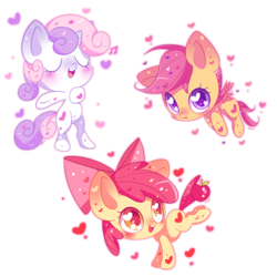 Size: 1500x1500 | Tagged: safe, artist:ipun, apple bloom, scootaloo, sweetie belle, g4, apple, chibi, cutie mark crusaders, food, heart, heart eyes, simple background, singing, transparent background, wingding eyes