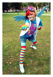 Size: 669x974 | Tagged: safe, artist:throw-a-dice, rainbow dash, human, g4, clothes, cosplay, goggles, irl, irl human, photo, rainbow socks, socks, striped socks