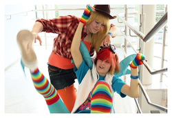 Size: 1129x773 | Tagged: safe, artist:throw-a-dice, applejack, rainbow dash, human, g4, clothes, cosplay, irl, irl human, photo, rainbow socks, socks, striped socks