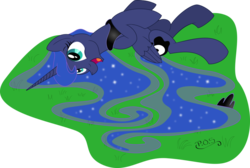 Size: 1024x689 | Tagged: safe, artist:midnightblitzz, artist:uminanimu, princess luna, g4, :d, cute, female, grass, happy, horses doing horse things, on back, open mouth, rolling, smiling, solo, vector