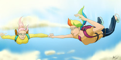 Size: 2400x1200 | Tagged: safe, artist:captainpudgemuffin, fluttershy, rainbow dash, human, g4, air ponyville, falling, holding hands, humanized, parachute, skydiving