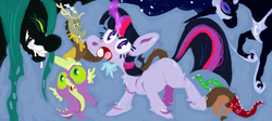 Size: 1280x571 | Tagged: safe, artist:sugaryboogary, discord, nightmare moon, queen chrysalis, spike, twilight sparkle, g4