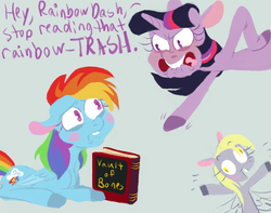 Size: 845x666 | Tagged: safe, artist:sugaryboogary, derpy hooves, rainbow dash, twilight sparkle, pegasus, pony, g4, book, dialogue, female, hilarious in hindsight, mare, rainbow trash