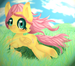 Size: 2924x2573 | Tagged: safe, artist:iwuvmemyjunjouegoist, fluttershy, pegasus, pony, g4, female, floral head wreath, flower, high res, lying down, mare, smiling, solo, windswept mane