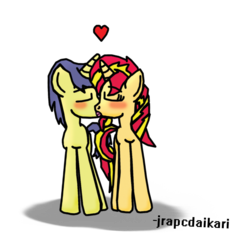 Size: 782x782 | Tagged: safe, artist:jrapcdaikari, comet tail, sunset shimmer, pony, unicorn, g4, female, heart, kissing, male, mare, request, ship:cometshimmer, shipping, simple background, stallion, straight, transparent background
