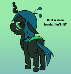 Size: 608x633 | Tagged: safe, artist:syggie, queen chrysalis, changeling, changeling queen, nymph, ask the changeling princess, g4, bugbutt, butt, chrysalass, cute, cutealis, dialogue, female, freckles, looking at you, plot, princess chrysalis, smiling, standing, tumblr, younger