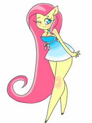 Size: 1536x2048 | Tagged: safe, artist:fckyou5ideways, fluttershy, anthro, g4, ambiguous facial structure, breasts, busty fluttershy, female, solo, wink