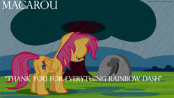 Size: 1024x576 | Tagged: safe, artist:noah-x3, editor:macarou, rainbow dash, scootaloo, g4, female, future, goodbye, grave, gravestone, implied death, memory, multimedia, music, older, older scootaloo, rain, show accurate, solo, text, wrong cutie mark