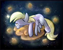 Size: 1001x794 | Tagged: safe, artist:thedoggygal, derpy hooves, pegasus, pony, g4, cute, female, mare, muffin, night, resting, sky, sleeping, solo, that pony sure does love muffins
