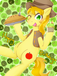 Size: 600x800 | Tagged: safe, artist:divided-s, braeburn, g4, apple pie, cupcake, male, pixiv, solo