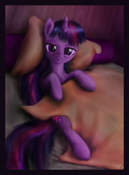 Size: 733x988 | Tagged: safe, artist:wwrite, edit, twilight sparkle, g4, bed, cute, dark, female, pillow, solo