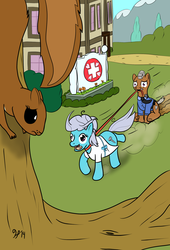 Size: 1700x2500 | Tagged: safe, artist:halflingpony, screw loose, squirrel, g4, dragging, female, hospital, hospital gown, leash, security officer