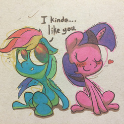 Size: 512x512 | Tagged: safe, artist:flowbish, rainbow dash, twilight sparkle, alicorn, pony, g4, blushing, confession, dialogue, female, lesbian, mare, ship:twidash, shipping, sitting, traditional art, twilight sparkle (alicorn)