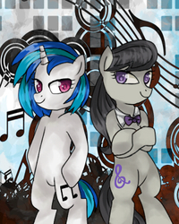 Size: 300x375 | Tagged: safe, artist:mori, dj pon-3, octavia melody, vinyl scratch, pony, g4, bipedal, pixiv