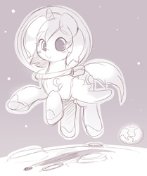 Size: 751x898 | Tagged: safe, artist:ende26, princess luna, g4, astronaut, earth, female, filly, happy, monochrome, moon, sketch, smiling, solo, space, spacesuit, woona