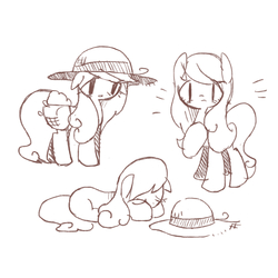 Size: 1400x1400 | Tagged: safe, artist:wasu, carrot top, golden harvest, earth pony, pony, g4, basket, cute, cutie top, eyes closed, female, floppy ears, hat, looking down, mare, monochrome, pixiv, prone, sad, saddle bag, sadorable, simple background, sketch, solo, surprised, white background, wide eyes