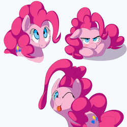 Size: 1092x1094 | Tagged: safe, artist:mostazathy, pinkie pie, earth pony, pony, g4, :p, blushing, crying, cute, diapinkes, female, floppy ears, frown, glare, looking at you, mare, one eye closed, prone, simple background, smiling, solo, tongue out, white background, wink