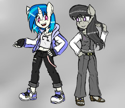 Size: 1100x950 | Tagged: safe, artist:ichibangravity, dj pon-3, octavia melody, vinyl scratch, anthro, plantigrade anthro, g4, belly button, blushing, chest fluff, clothes, cutie mark on clothes, ear fluff, eyelashes, feet, female, fingerless gloves, gloves, midriff, open mouth, sandals, short shirt, standing, vest