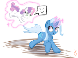 Size: 2048x1536 | Tagged: safe, artist:marzipun, sweetie belle, trixie, g4, happy, magic, telekinesis